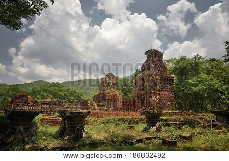 Ruins My Son. Ancient Hindu tamples of Cham culture in Vietnam. Included in the UNESCO World Heritage Site My Son is an ensemble of ancient Hindu temples built by the Kingdom of Champa in Central Vietnam