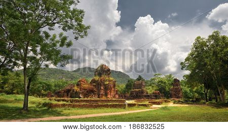Panoramic view on ruins My Son. Ancient Hindu tamples of Cham culture in Vietnam near the cities of Hoi An and Da Nang. Included in UNESCO World Heritage Site.