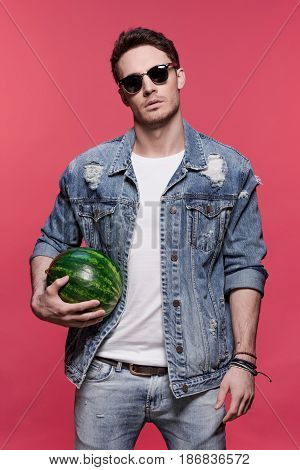 Portrait Of Young Handsome Casual Man Holding Watermelon, Attractive Young Man