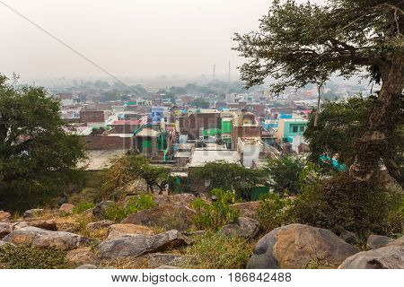 Vegetation and stones sacred Govardhan Hill India.