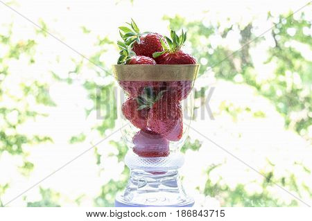 Strawberries In A Glass Cup On A Colored Background