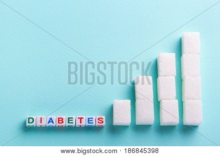 The rise in blood sugar is a graph of the growth of sugar cubes. Word Diabetes from cubes. Empty place for text copy paste