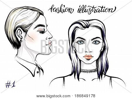 Vector portrait of woman fashion illustration. Blonde short hair girl and brunette long hair girl with make up.