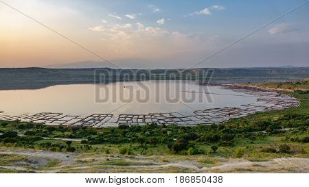 Wide angle panorama of lake with saltmines