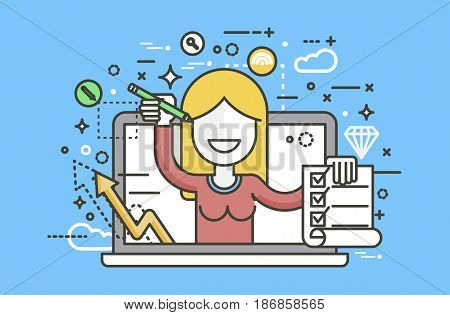 Stock vector illustration woman in laptop notebook offers fill in application form design element education, subscription email marketing newsletter online management line art style blue background icon
