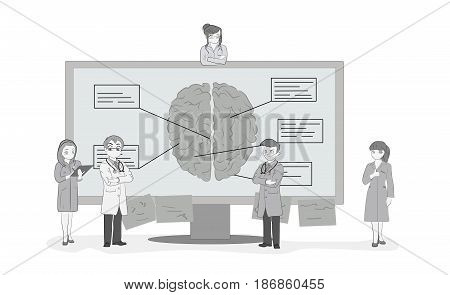 Sketch of the work of small people near the monitor with a picture of the human brain A medical team discusses the diagnosis. Hand drawn cartoon vector illustration for medical design and infographics