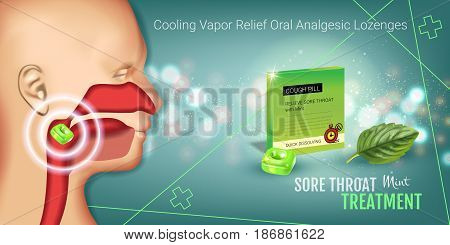 Cough Drops ads. Vector 3d Illustration with mint pills for throat. Horizontal banner with product's package.