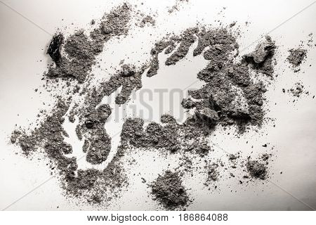 Phoenix mythical bird drawing made in grey pile of ash as a rebirth birth death infinity symbol concept background