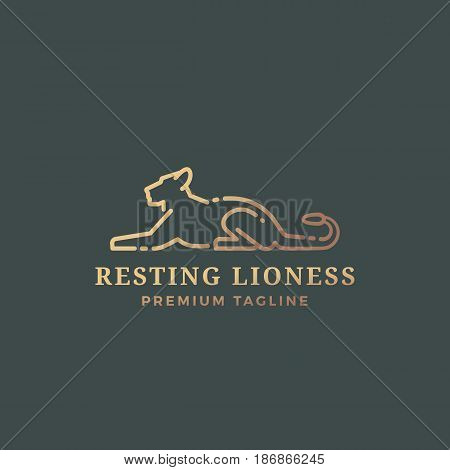 Resting Lioness Abstract Vector Sign, Emblem or Logo Template. Line Style Gracefull Lying Lioness Silhouette with Typography. Dark Background.