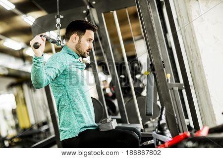 Young Man Doing Exercise For Triceps In The Gym On Mashine