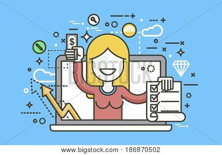 Stock vector illustration woman laptop notebook offers fill in application form design element email marketing, newsletter money win earning, income, discount, online line art style blue background icon