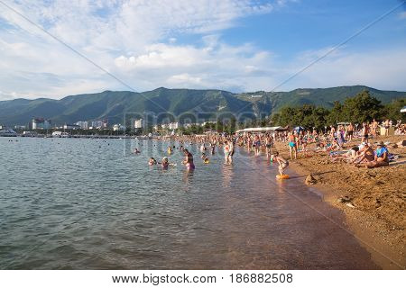 Gelendzhik Russia - June 17 2016: The city beach in resort of Gelendzhik in the high season vacation in Russia.