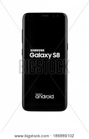 Varna, Bulgaria - May, 11, 2017: Studio Shot Of A Black Samsung Galaxy S8 Smartphone, With 12 Mp, F