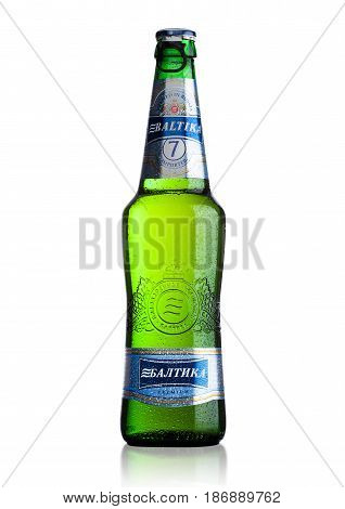 London, Uk - May 15, 2017: A Bottle Of Baltika Lager Beer Number Seven On White. Baltika Is The Seco