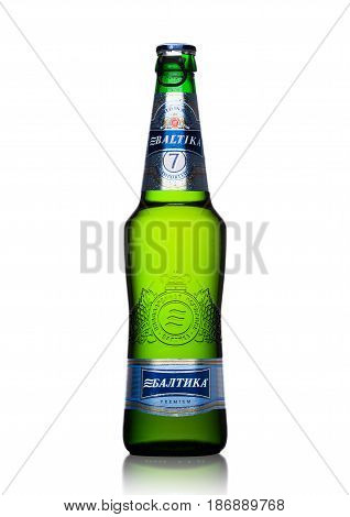 London, Uk - May 15, 2017: A Bottle Of Baltika Lager Beer Number Seven On White. Baltika Is The Seco