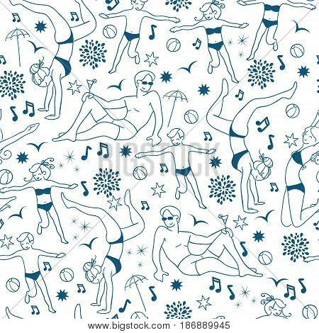 Vector Denim Blue People On The Beach Repeat Seamless Pattern Background. Can Be Used For Fabric, Wallpaper, Stationery, Packaging, beach towels, beach totes. Surface pattern design.