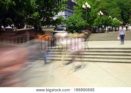 People go up the stairs, long exposure