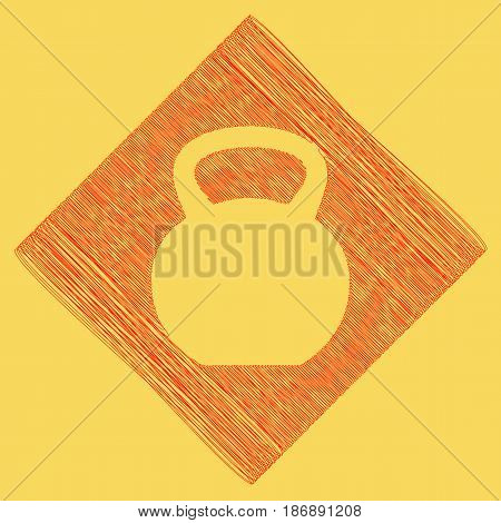 Fitness Dumbbell sign. Vector. Red scribble icon obtained as a result of subtraction rhomb and path. Royal yellow background.