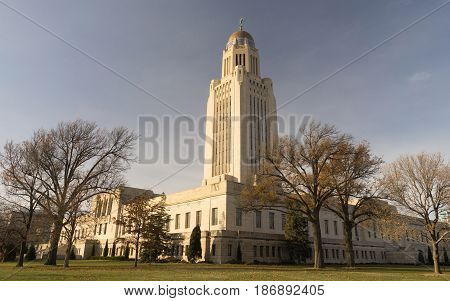 Leaves still hold on in December at the Nebraska State Capital