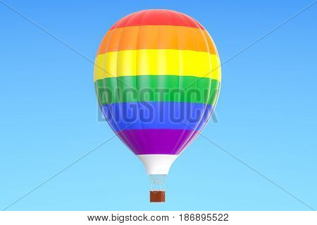 Hot air balloon with rainbow flag 3D rendering isolated on white background