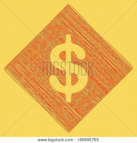 Dollars sign illustration. USD currency symbol. Money label. Vector. Red scribble icon obtained as a result of subtraction rhomb and path. Royal yellow background.
