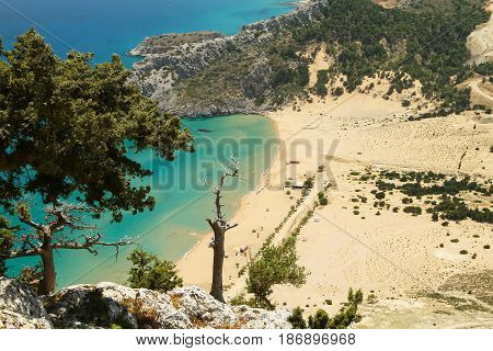 Beach of Tsambika. View from the Church of St. Tsambiki on a rock. Rhodes