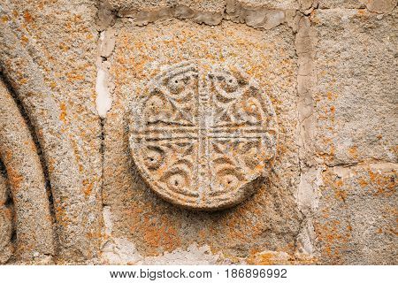Architectural Details Or Patterns Of Bas-reliefs On Wall Of The Gergeti Trinity Church. Tsminda Sameba - Holy Trinity Church Near Village Of Gergeti Near Kazbegi In Georgia
