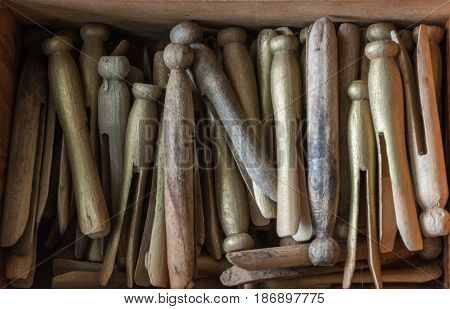 Box of old clothespins found in an antique store