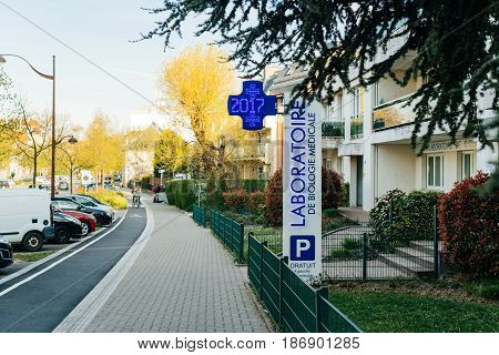 STRASBOURG FRANCE - MAR 31 2017: Biological laboratory Bio67 signage on the street of French city of Strasbourg early in the morning - Laboratoire de Biologie Medicale