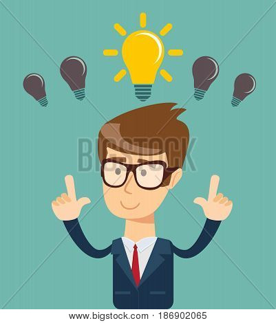 Business person having an bright idea light bulb concept. Stock vector illustration for poster, greeting card, website, ad, business presentation, advertisement design.