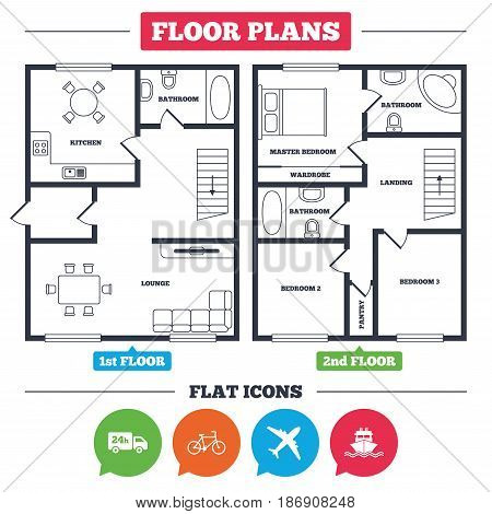 Architecture plan with furniture. House floor plan. Cargo truck and shipping icons. Shipping and eco bicycle delivery signs. Transport symbols. 24h service. Kitchen, lounge and bathroom. Vector