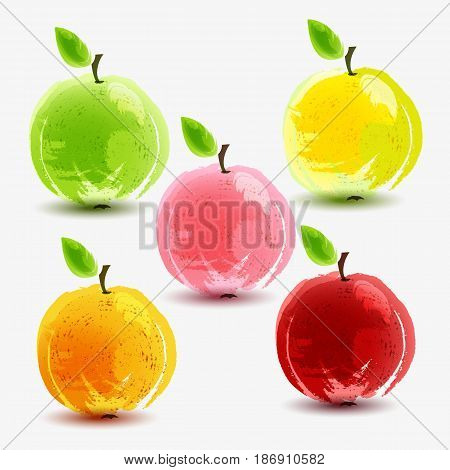 Set of fresh apples on white background. Vector illustration.
