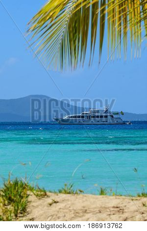 Luxury yacht at anchor offshore of Jost Van Dyke, BVI