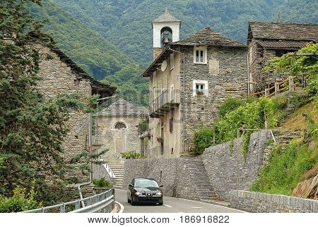 Ticino-style stone houses of the rural village San Bartolomeo in the Verzasca Valley Switzerland