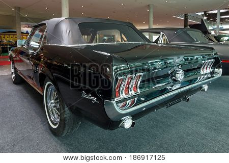 STUTTGART GERMANY - MARCH 03 2017: Pony car Ford Mustang convertible 1967. Rear view. Europe's greatest classic car exhibition "RETRO CLASSICS"
