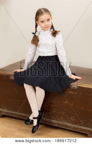 A beautiful little schoolgirl girl in a white blouse and black long skirt, with neatly braided pigtails on her head.She sits on an old trunk. Interior of the fifties of the last century.Retro style.