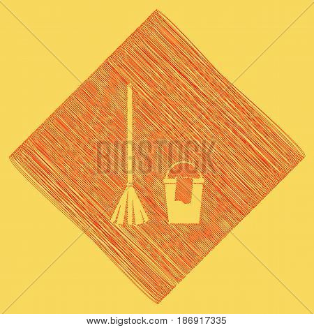 Broom and bucket sign. Vector. Red scribble icon obtained as a result of subtraction rhomb and path. Royal yellow background.