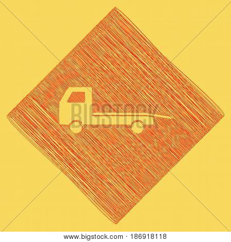 Service of evacuation sign. Wrecking car side. Car evacuator. Vehicle towing. Vector. Red scribble icon obtained as a result of subtraction rhomb and path. Royal yellow background.