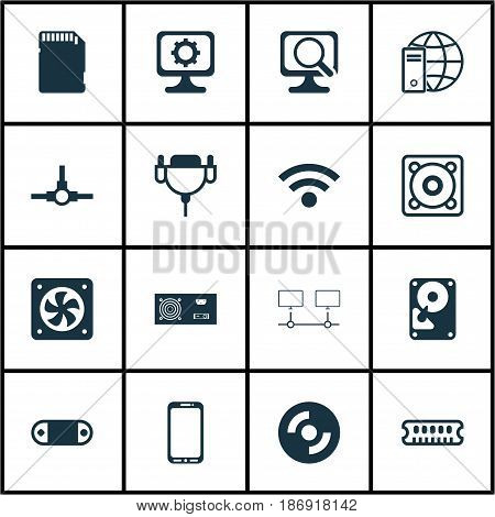 Set Of 16 Computer Hardware Icons. Includes Network Structure, Music, Connected Devices And Other Symbols. Beautiful Design Elements.