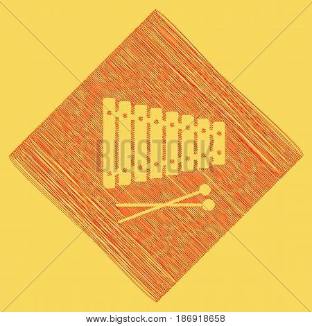 Xylophone sign. Vector. Red scribble icon obtained as a result of subtraction rhomb and path. Royal yellow background.