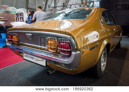 STUTTGART GERMANY - MARCH 03 2017: Executive car Mazda 929 Coupe 1977. Rear view. Europe's greatest classic car exhibition 