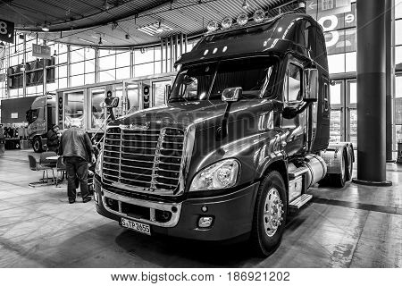 STUTTGART GERMANY - MARCH 03 2017: Truck Freightliner Cascadia Evolution 2015. Black and white. Europe's greatest classic car exhibition 