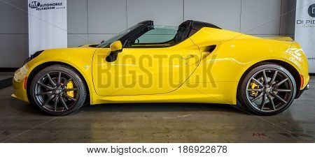 STUTTGART GERMANY - MARCH 03 2017: Sports car Alfa Romeo 4C Spider (Type 960) 2015. Europe's greatest classic car exhibition 