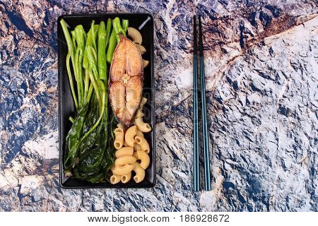 Fried Chinese Kale And Macaroni With Deep-fried Dried Salted Sea Fish.