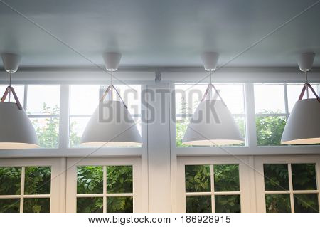 Modern Room Interior Decorated With White Lamp stock photo