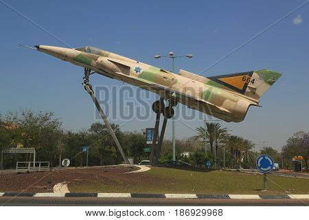 BEER SHEBA, ISRAEL - MAY, 2, 2017: Israel Air Force Kfir C2 fighter jet on a traffic circle in Beer Sheba. Kfir is the first made in Israel fighter aircraft made by IAI