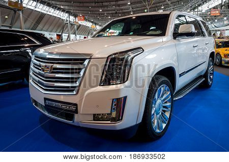 STUTTGART GERMANY - MARCH 03 2017: Full-size luxury SUV Cadillac Escalade Platinum 2017. Europe's greatest classic car exhibition 