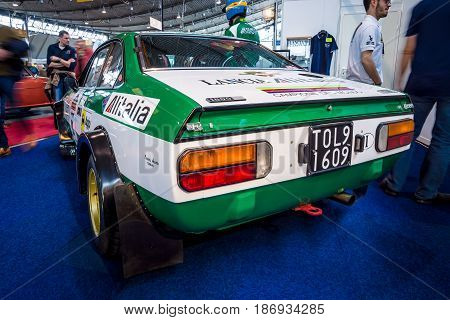 STUTTGART GERMANY - MARCH 03 2017: Sports and rally car Lancia Beta Coupe The 1800 Rally Group 4 (Type 828) 1975. Rear view. Europe's greatest classic car exhibition 