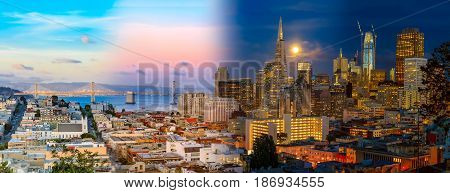 Day To Night Timelapse Timeslice San Franciso Panorama With Full Moon