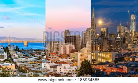 Day To Night Timelapse Timeslice San Franciso Panorama With Full Moon